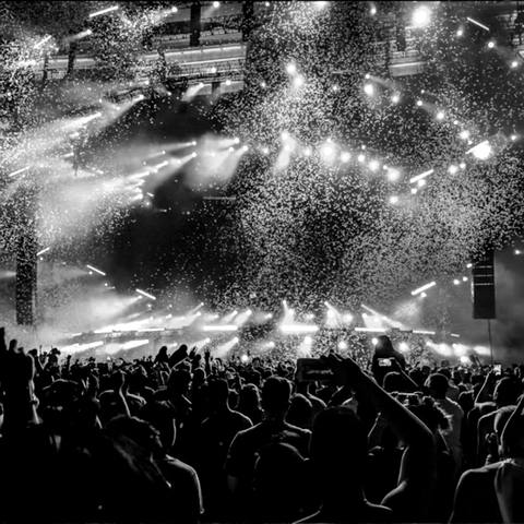 [project title] — launch night crowd, dithered